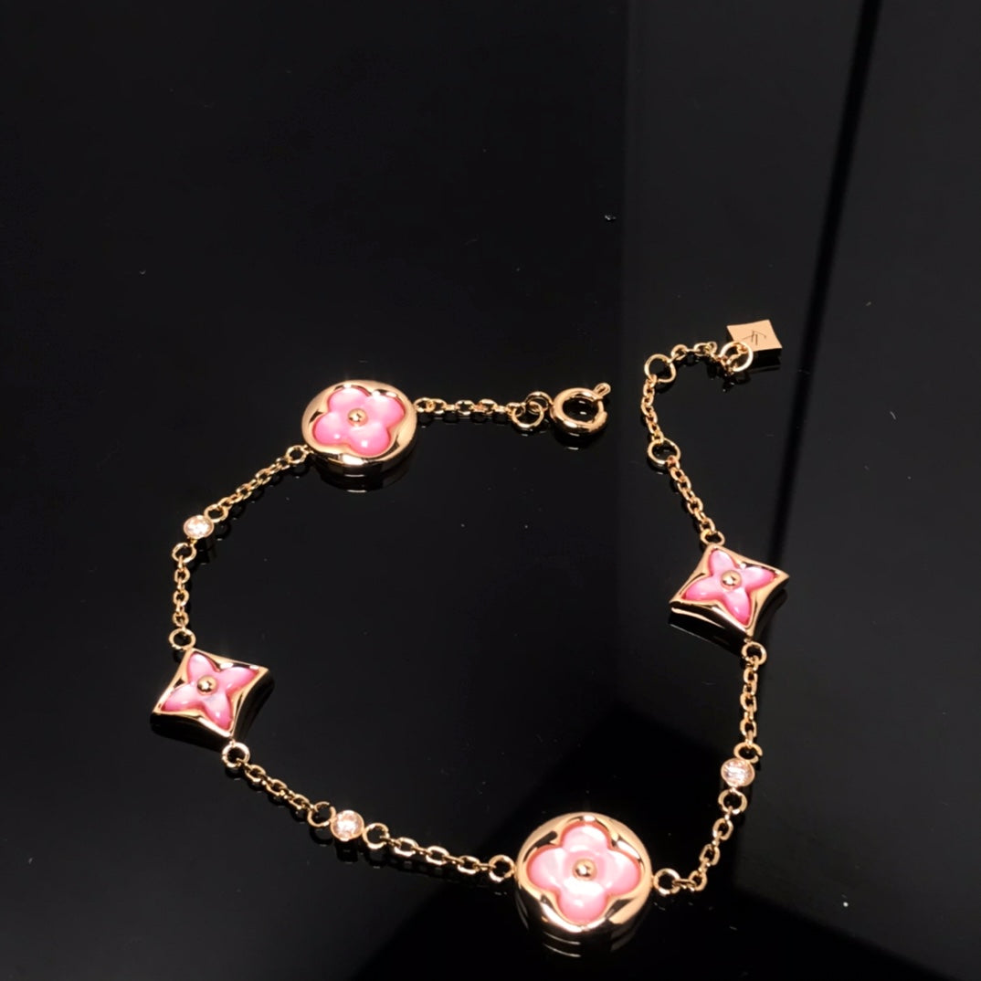 [Baslove]STAR AND SUN 4 MOTIF PINK MOP PINK GOLD BRACELET