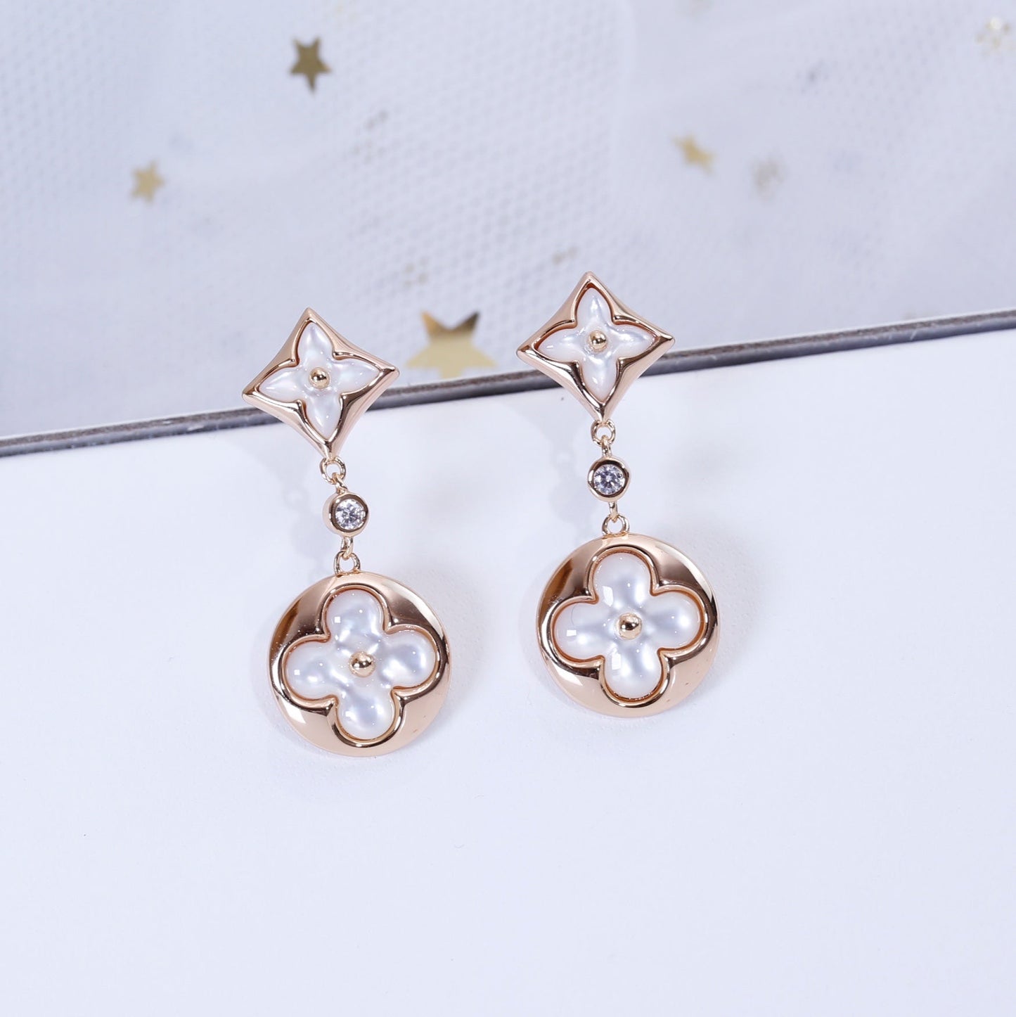 [Baslove]STAR AND SUN PINK GOLD MOP DROP EARRINGS