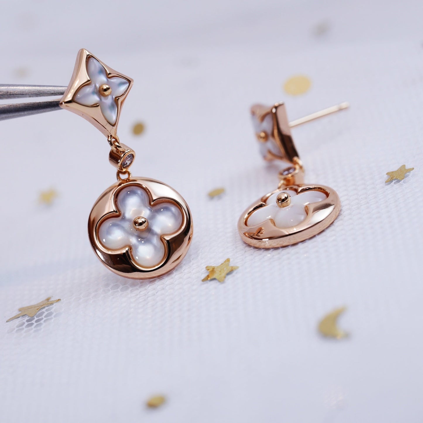 [Baslove]STAR AND SUN PINK GOLD MOP DROP EARRINGS