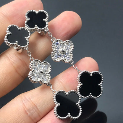 [Baslove]CLOVER 3 MOTIF DIAMOND ONYX SILVER EARRINGS