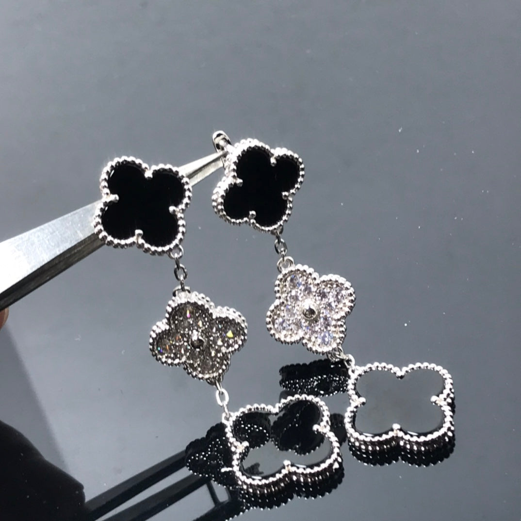 [Baslove]CLOVER 3 MOTIF DIAMOND ONYX SILVER EARRINGS