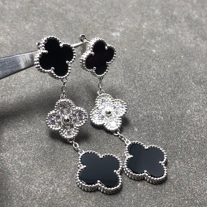 [Baslove]CLOVER 3 MOTIF DIAMOND ONYX SILVER EARRINGS