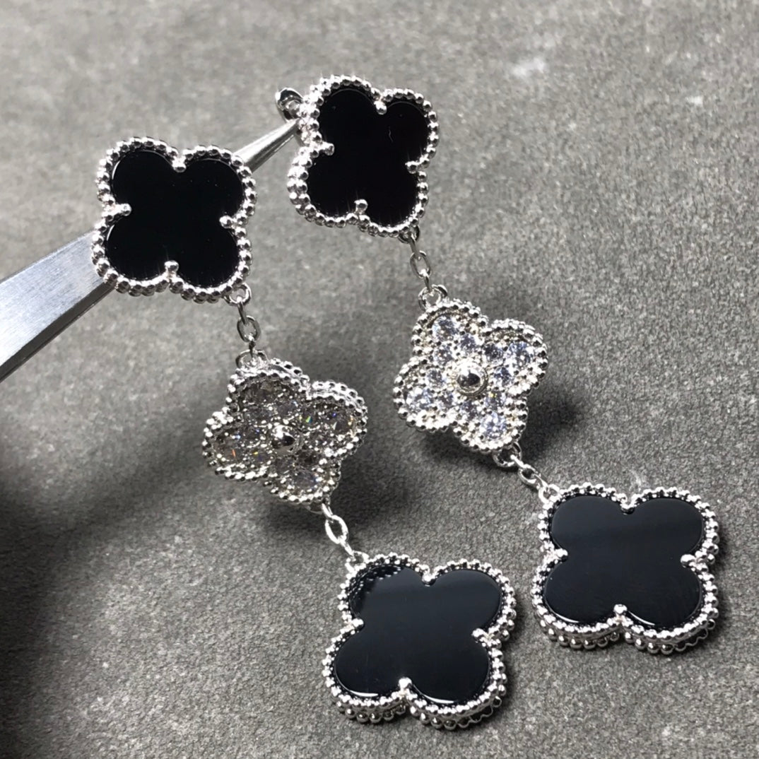 [Baslove]CLOVER 3 MOTIF DIAMOND ONYX SILVER EARRINGS