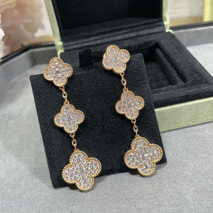 [Baslove]CLOVER 3 MOTIFS DIAMOND PAVED ROSE GOLD EARRINGS