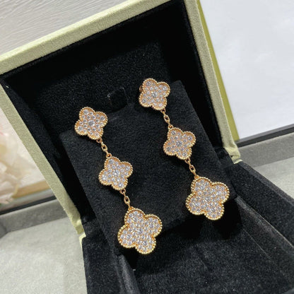 [Baslove]CLOVER 3 MOTIFS DIAMOND PAVED ROSE GOLD EARRINGS