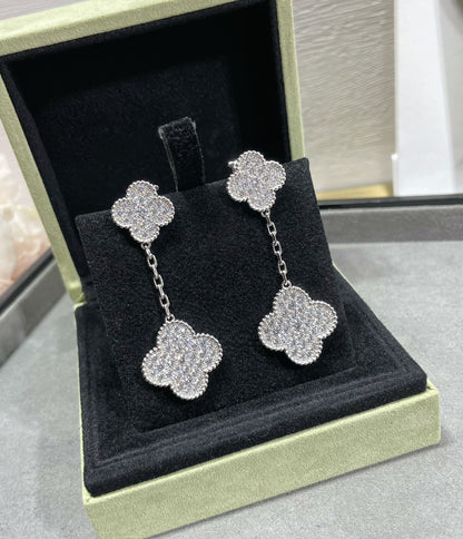 [Baslove]CLOVER 2 MOTIFS DIAMOND PAVED SILVER EARRINGS