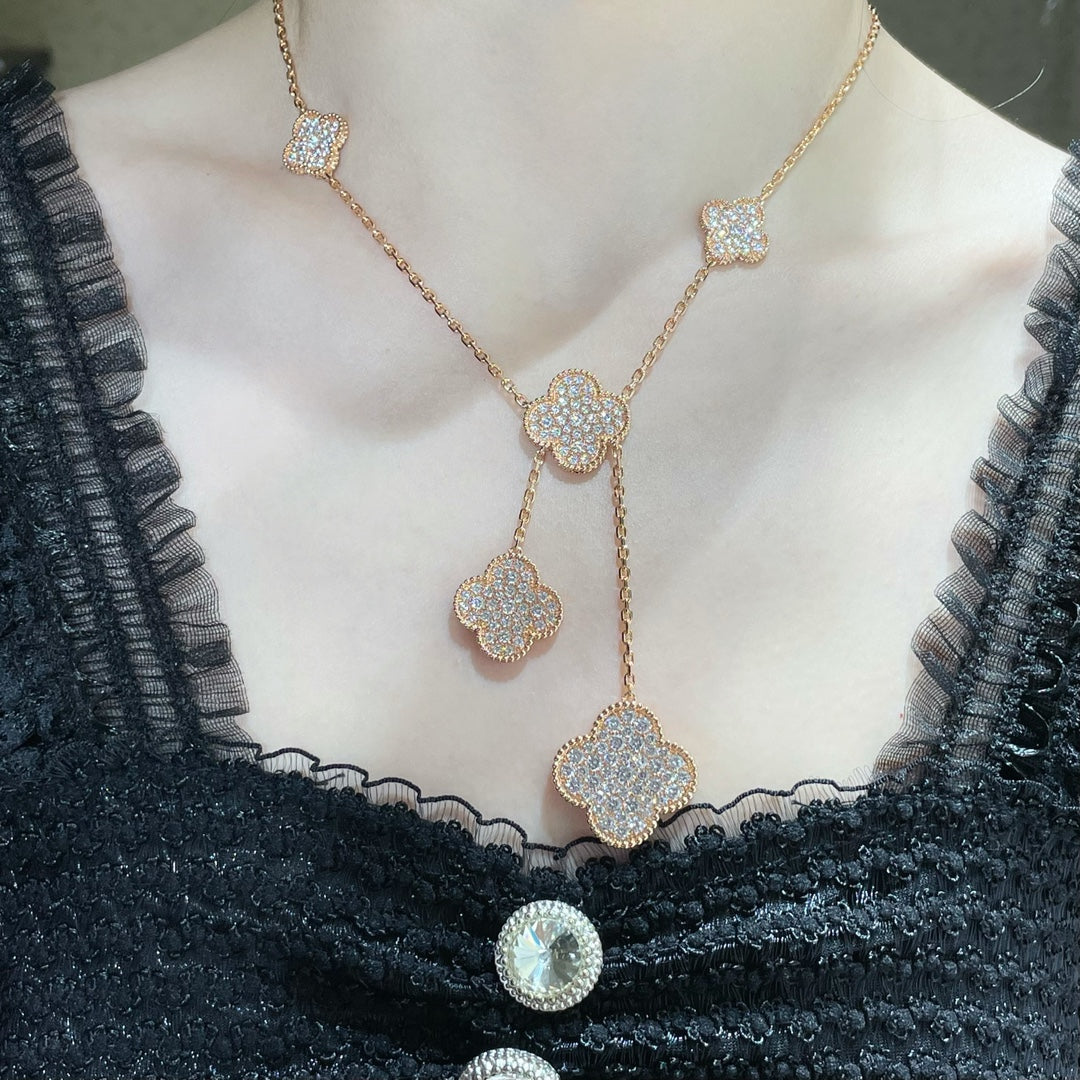 [Baslove]CLOVER 6 MOTIF DIAMOND PAVED NECKLACE