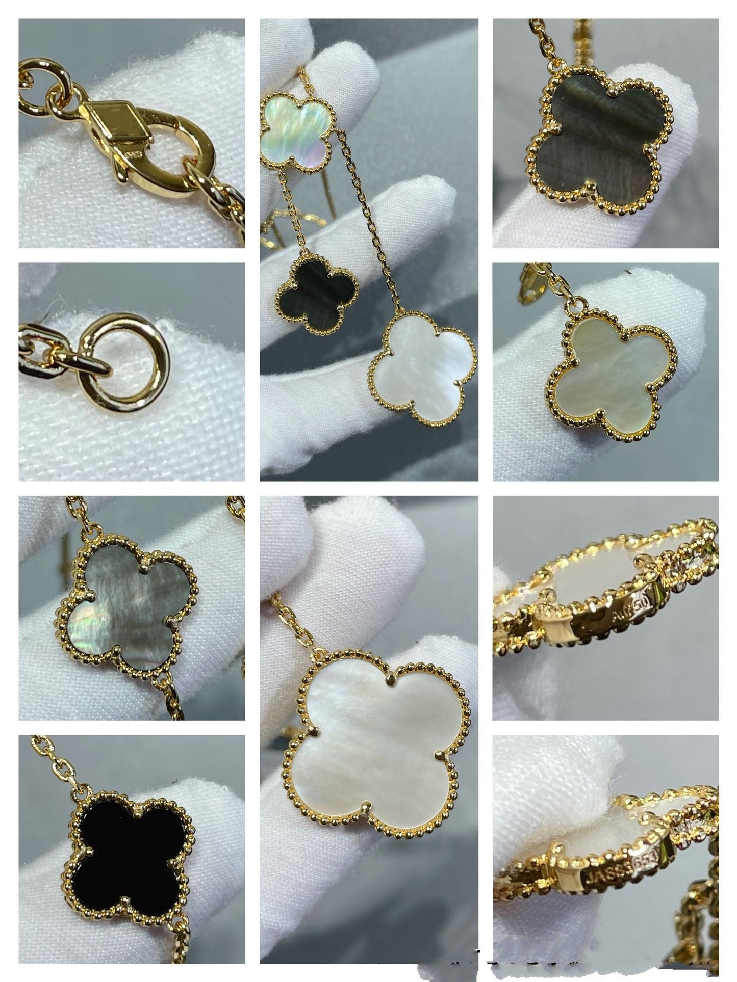 [Baslove]CLOVER 6 MOTIF MOP ONYX GOLD NECKLACE