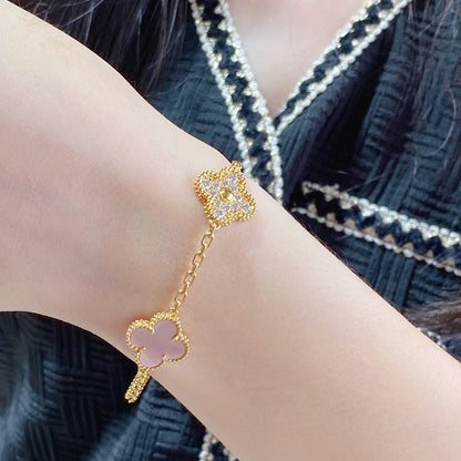 [Baslove]CLOVER 5 MOTIF DIAMOND PINK MOP PINK GOLD BRACELET