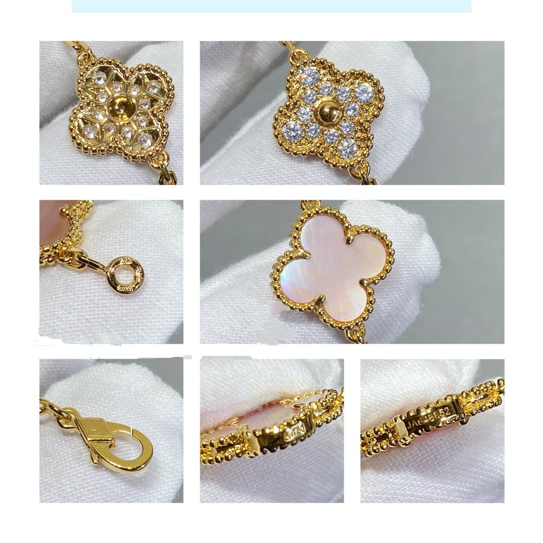 [Baslove]CLOVER 5 MOTIF DIAMOND PINK MOP PINK GOLD BRACELET