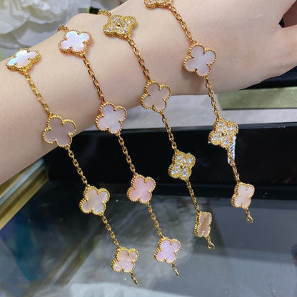 [baslovejewels]CLOVER 5 MOTIF DIAMOND PINK MOP PINK GOLD BRACELET