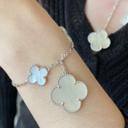 [Baslove]CLOVER 5 MOTIF WHITE MOP SILVER BRACELET