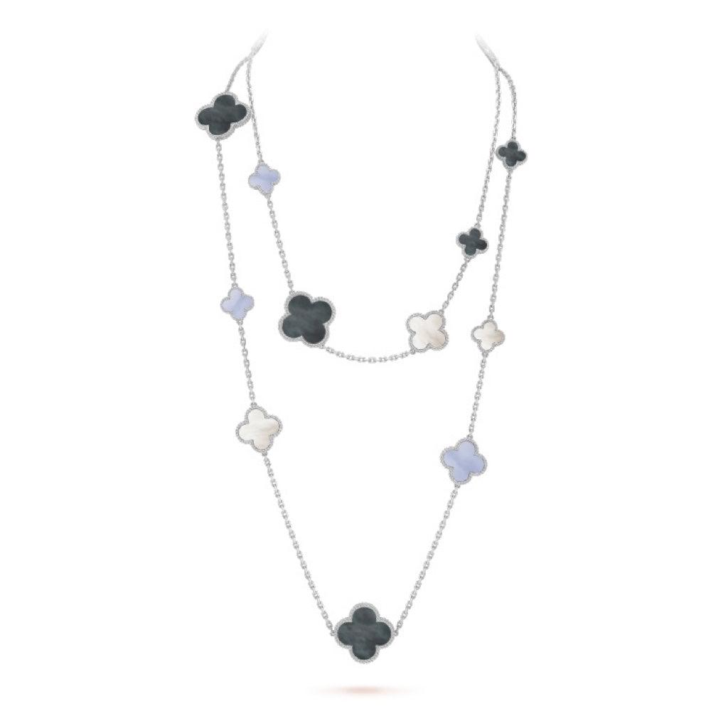 [Baslove]CLOVER 16 MOTIF CHALCEDONY MOP SILVER NECKLACE