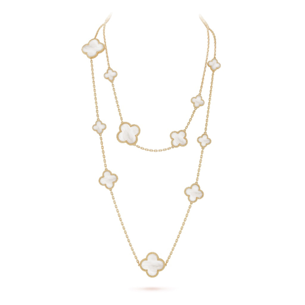 [Baslove]CLOVER 16 MOTIF WHITE MOP GOLD NECKLACE