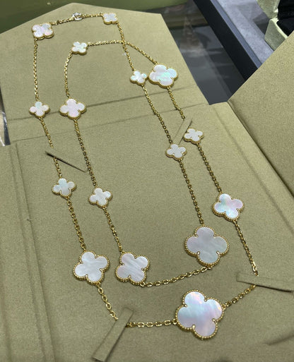 [Baslove]CLOVER 16 MOTIF WHITE MOP GOLD NECKLACE