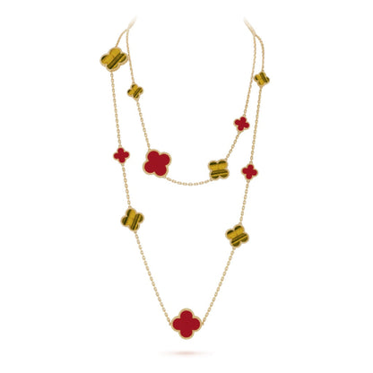 [Baslove]CLOVER 16 MOTIF CARNELIAN TIGER EYE ROSE GOLD NECKLACE