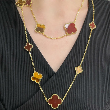 [Baslove]CLOVER 16 MOTIF CARNELIAN TIGER EYE ROSE GOLD NECKLACE