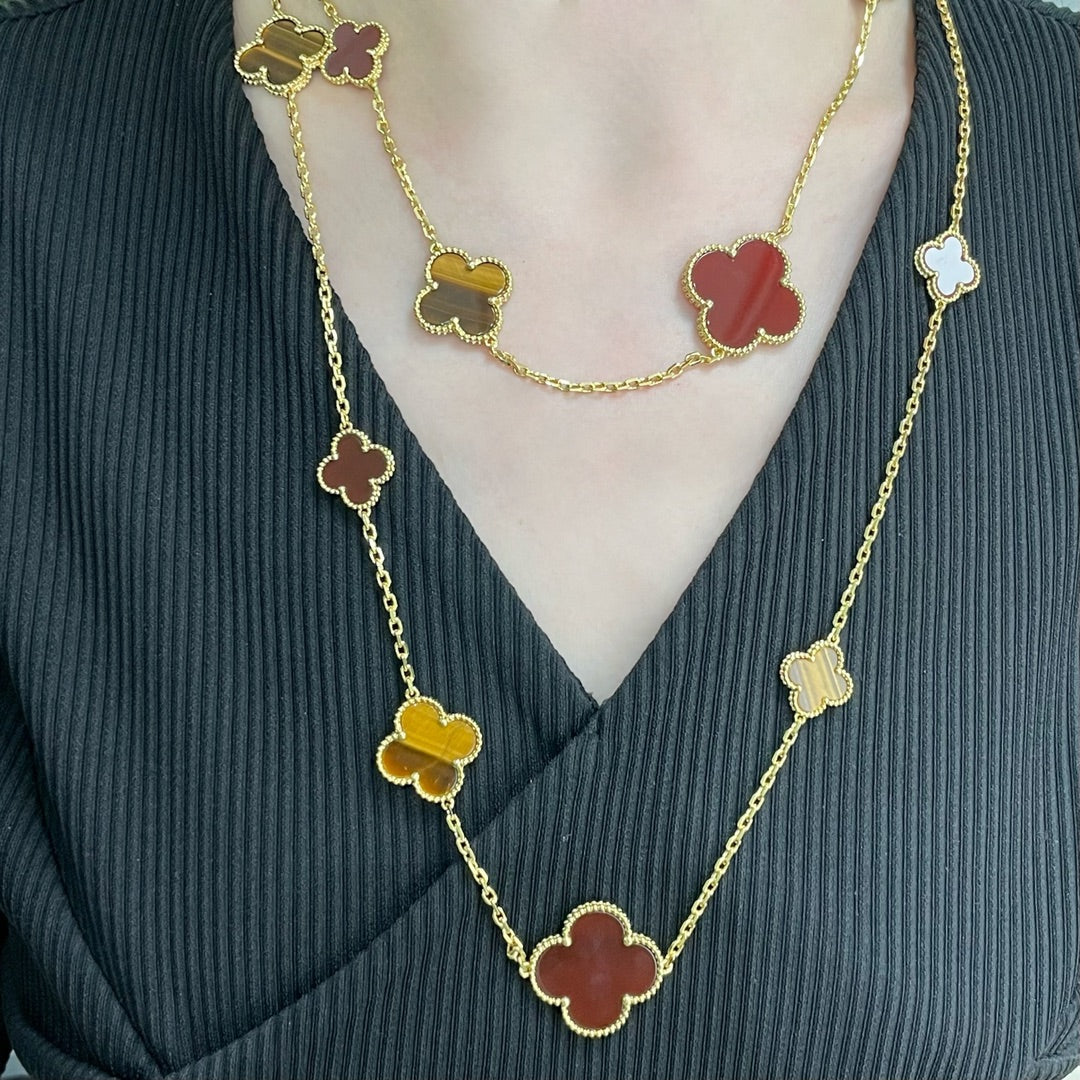 [Baslove]CLOVER 16 MOTIF CARNELIAN TIGER EYE ROSE GOLD NECKLACE