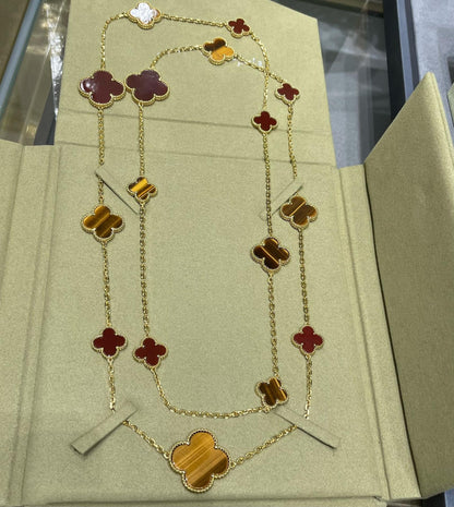 [Baslove]CLOVER 16 MOTIF CARNELIAN TIGER EYE ROSE GOLD NECKLACE