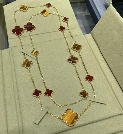 [Baslove]CLOVER 16 MOTIF CARNELIAN TIGER EYE ROSE GOLD NECKLACE