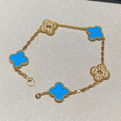 [Baslove]CLOVER 5 MOTIF BLUE CHALCEDONY DIAMOND GOLD BRACELET