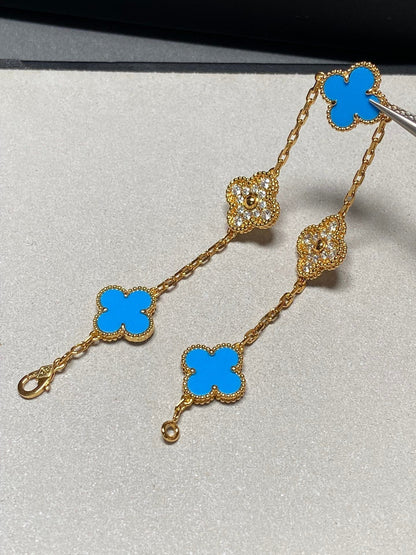 [Baslove]CLOVER 5 MOTIF BLUE CHALCEDONY DIAMOND GOLD BRACELET