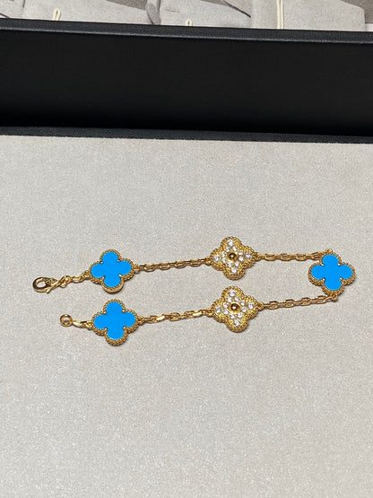 [Baslove]CLOVER 5 MOTIF BLUE CHALCEDONY DIAMOND GOLD BRACELET