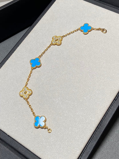 [Baslove]CLOVER 5 MOTIF BLUE CHALCEDONY DIAMOND GOLD BRACELET