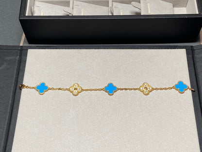 [Baslove]CLOVER 5 MOTIF BLUE CHALCEDONY DIAMOND GOLD BRACELET