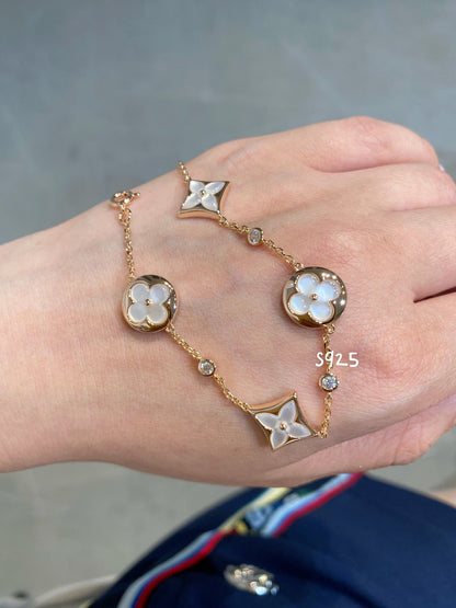 [Baslove]STAR AND SUN 4 MOTIF WHITE MOP PINK GOLD BRACELET