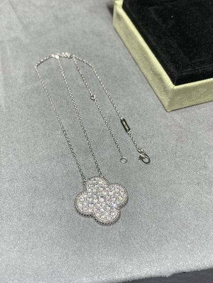 [Baslove]CLOVER 25MM LARGE PENDANT DIAMOND PAVED SILVER NECKLACE