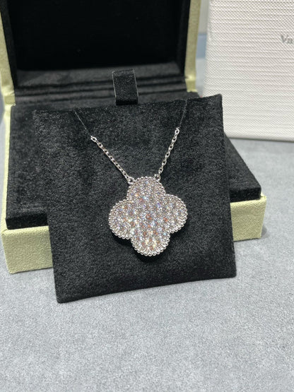 [Baslove]CLOVER 25MM LARGE PENDANT DIAMOND PAVED SILVER NECKLACE