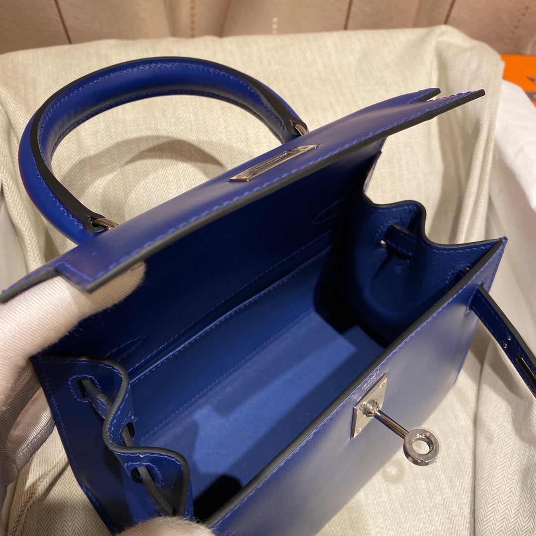 KELLY MINI 20 BAG IN NAVY BLUE SMOOTH CALFSKIN WITH SILVER HARDWARE (MADE-TO-ODER)