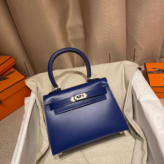 KELLY MINI 20 BAG IN NAVY BLUE SMOOTH CALFSKIN WITH SILVER HARDWARE (MADE-TO-ODER)
