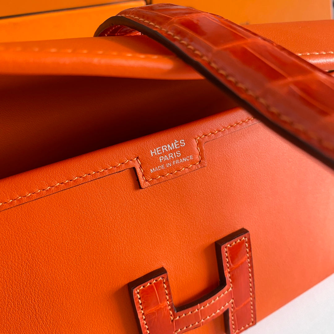 JIGE ELAN 29 CLUTCH IN BRIGHT ORANGE CALFSKIN WITH LIZARD SKIN (MADE-TO-ODER)