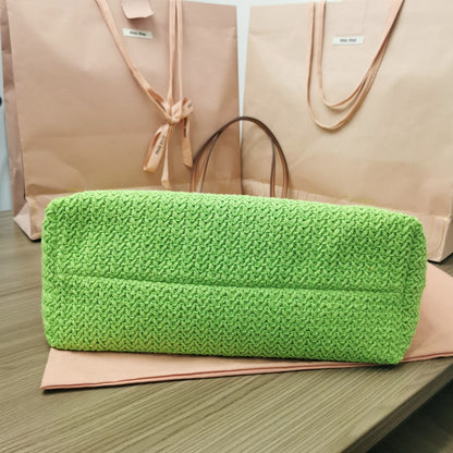 TOTE BAG 40 IN STRIPED PATTERN OF LIGHT GREEN RED AND CREAM WHITE WOVEN RAFFIA