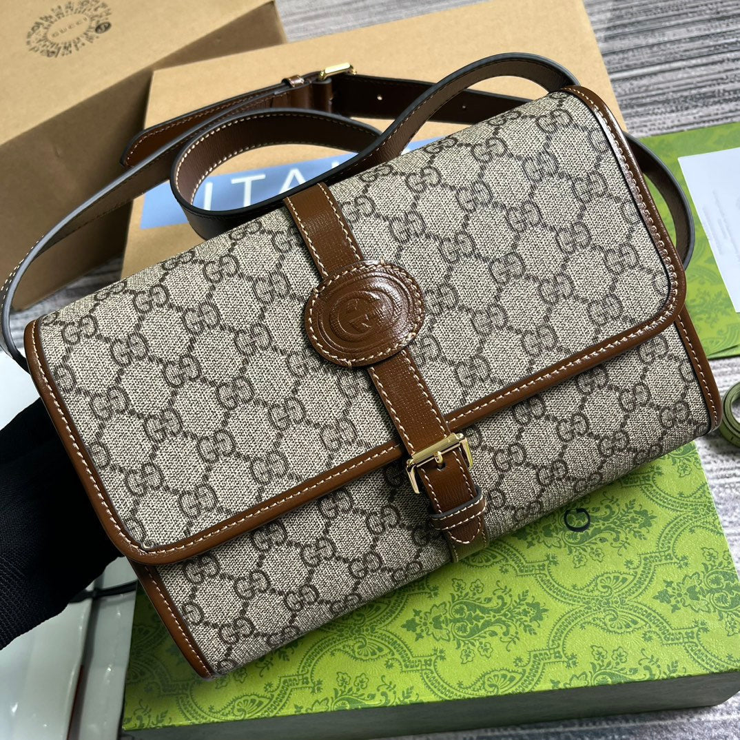 MESSENGER BAG 25 IN BEIGE CANVAS ANG BROWN CALFSKIN