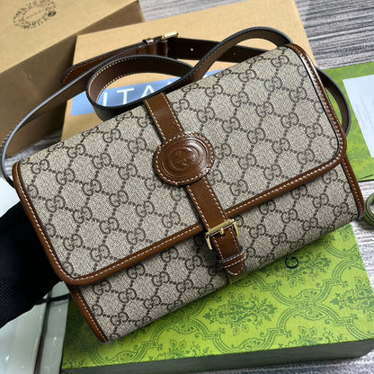 MESSENGER BAG 25 IN BEIGE CANVAS ANG BROWN CALFSKIN