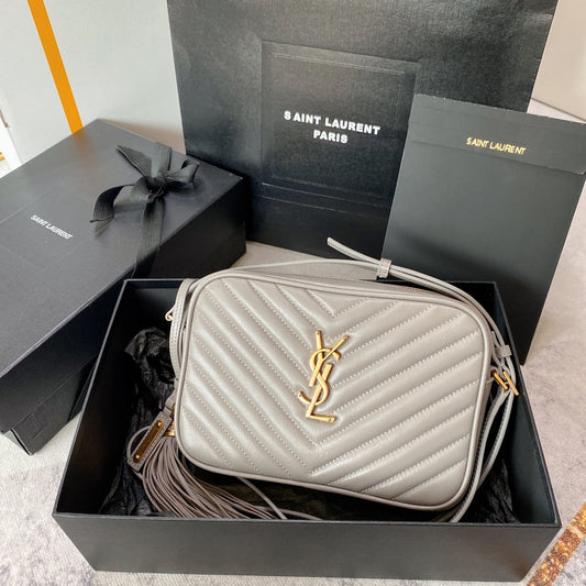 LOU CAMERA BAG 23 IN LIGHT GRAY CALFSKIN GOLD LOGO