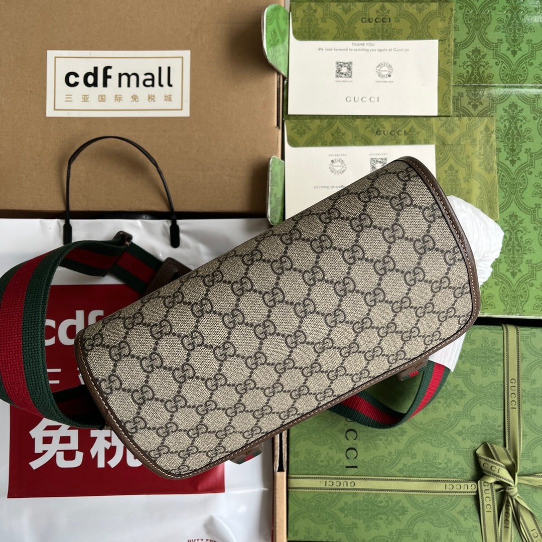 OPHIDIA MEDIUM MESSENGER BAG 27 IN BEIGE AND EBONY GG CALFSKIN GREEN RED WEB STRIPE CANVAS