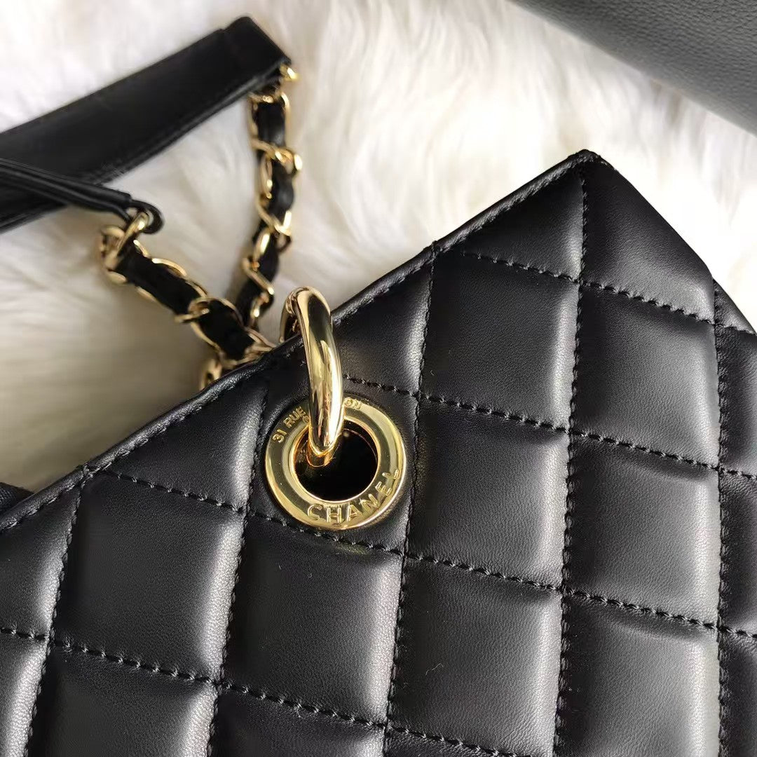 GST BLACE LEATHER SHOPPING BAG WITH GOLD HARDWARE