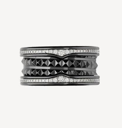 [Baslove]ZERO 1 ROCK FOUR-BAND BLACK CERAMIC WITH STUDDED SPIRAL AND PAVED DIAMONDS RING