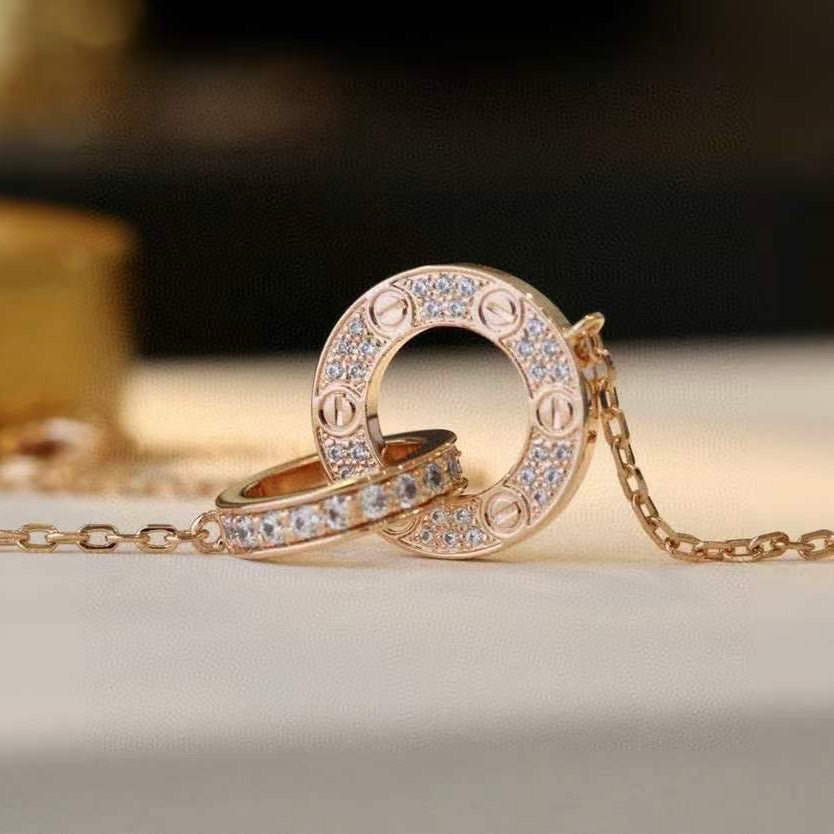 [Baslove]LOVE 7.6MM NECKLACE ROSE GOLD AND SILVER  FULL DIAMOND