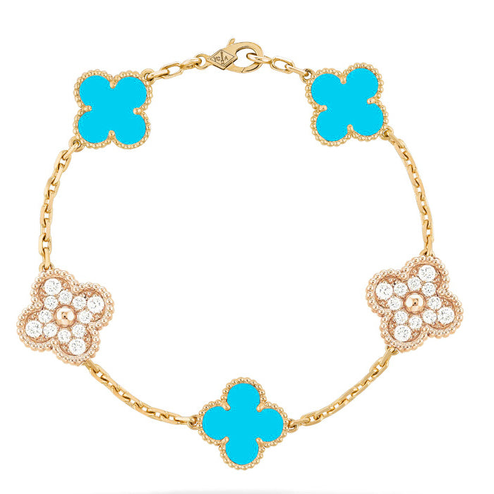 [Baslove]CLOVER 5 MOTIF TURQUOISE DIAMOND GOLD BRACELET