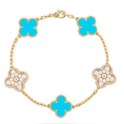 [Baslove]CLOVER 5 MOTIF TURQUOISE DIAMOND GOLD BRACELET