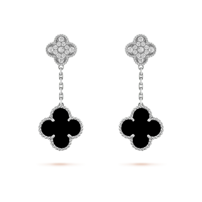 [Baslove]CLOVER 2 MOTIFS  DIAMOND ONYX EARRINGS SILVER