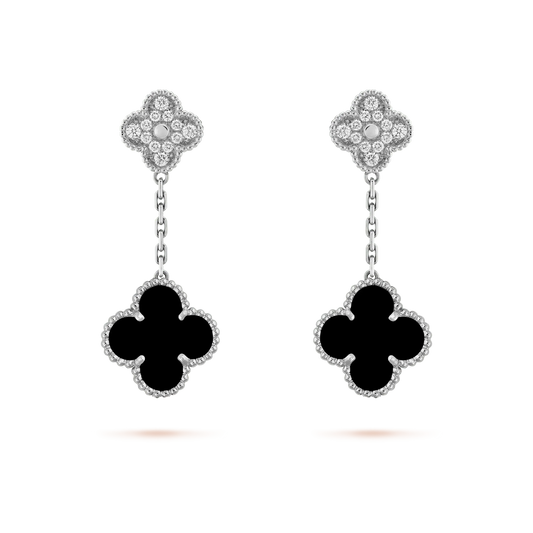 [Baslove]CLOVER 2 MOTIFS  DIAMOND ONYX EARRINGS SILVER