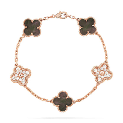 [Baslove]CLOVER 5 MOTIFS DARK MOP AND DIAMONDS PINK GOLD BRACELET