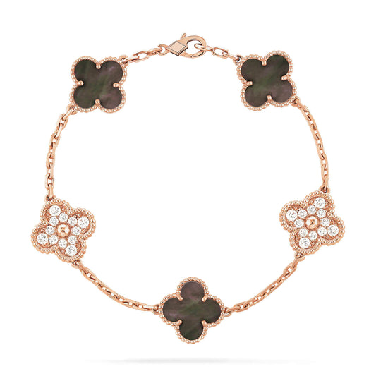 [baslovejewels]CLOVER 5 MOTIFS DARK MOP AND DIAMONDS PINK GOLD BRACELET