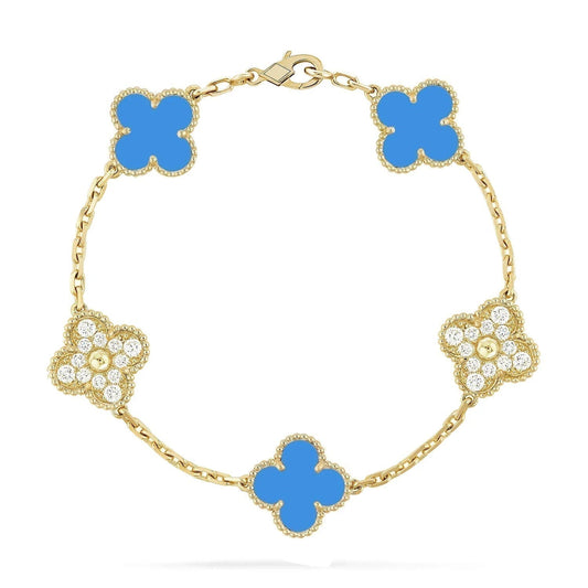 [Baslove]CLOVER 5 MOTIF BLUE CHALCEDONY DIAMOND GOLD BRACELET